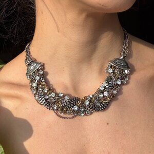 VINTAGE Aldo Mixed Metal Braided Bib Statement Necklace w/ Crystals - reversble